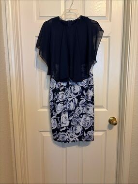Navy Overlay Dress with White Rose Print